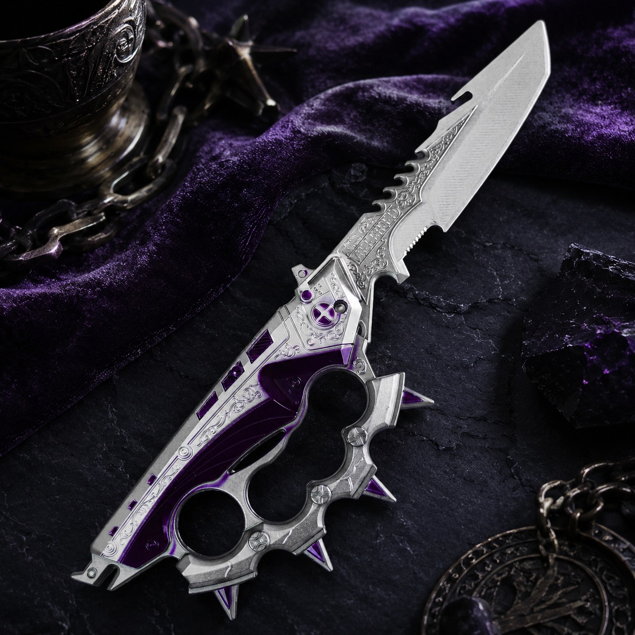 Purple & Silver Fantasy Folding Knife with Ornate Blade and Knuckle-Guard Handle – Gothic Collector Gift