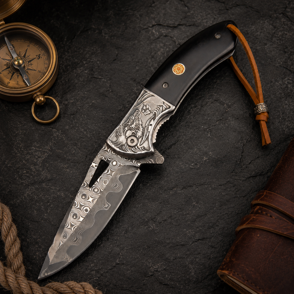 Wolf Engraved Damascus-Pattern Folding Knife with Black Handle & Leather Lanyard – Outdoor Collector Gift
