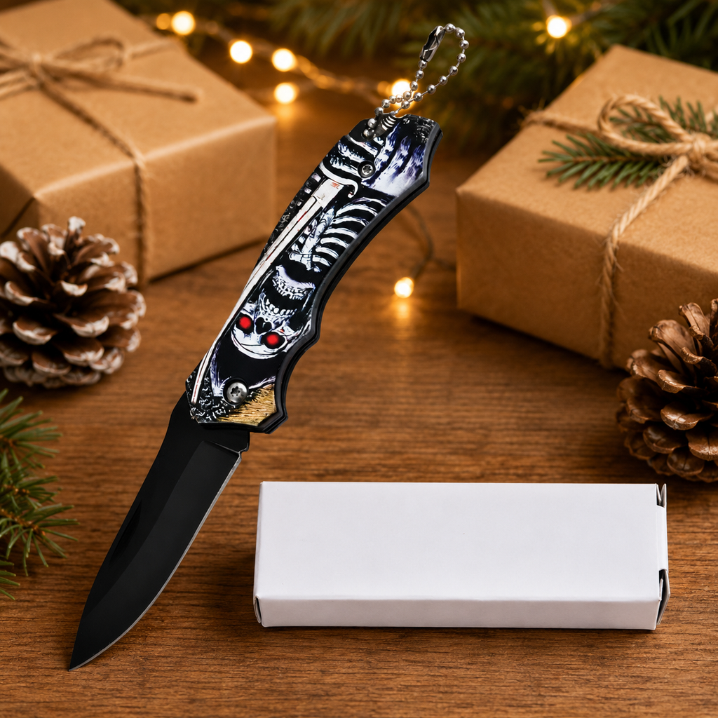 Gothic Skeleton Graphic Folding Pocket Knife with Black Blade & Keychain – Dark Fantasy Collector Gift