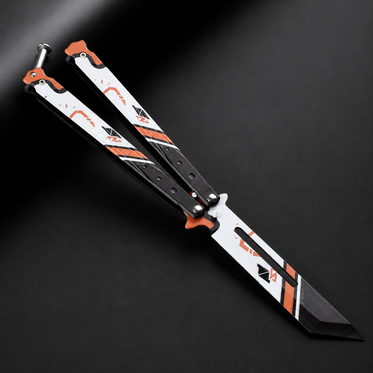 Modern Balisong Butterfly Knife, Black Orange Collectible Folding Design, Artistic EDC Style Display Piece, Unique Gift for Knife Enthusiasts