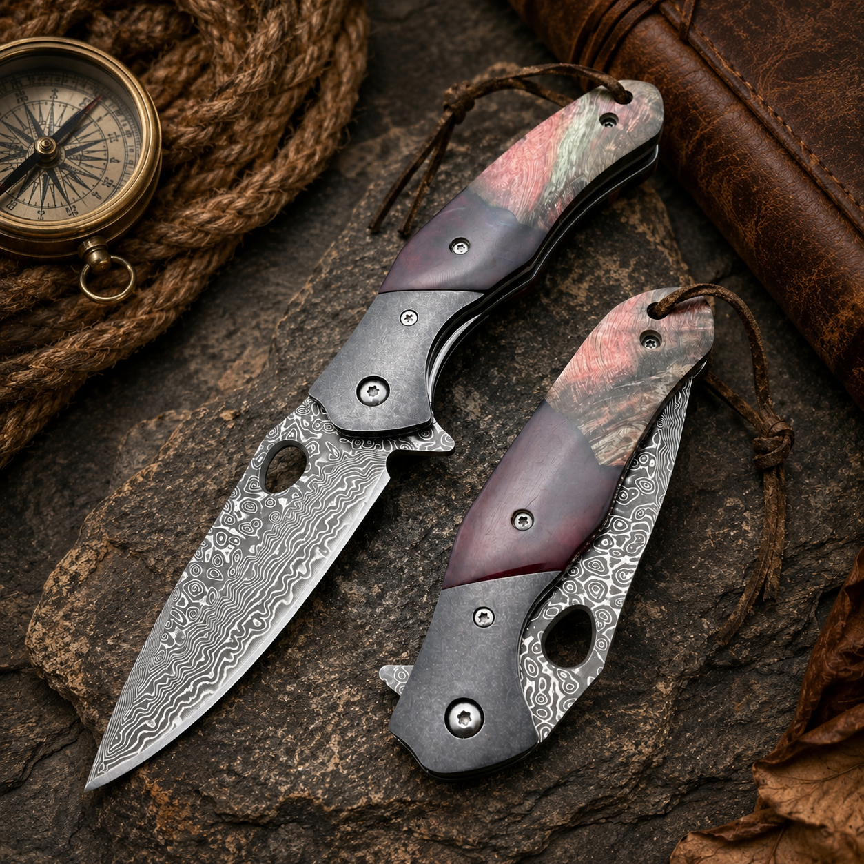 Natural Cow Bone Handle Damascus-Pattern Folding Pocket Knife with Leather Lanyard – Rustic Collector Gift