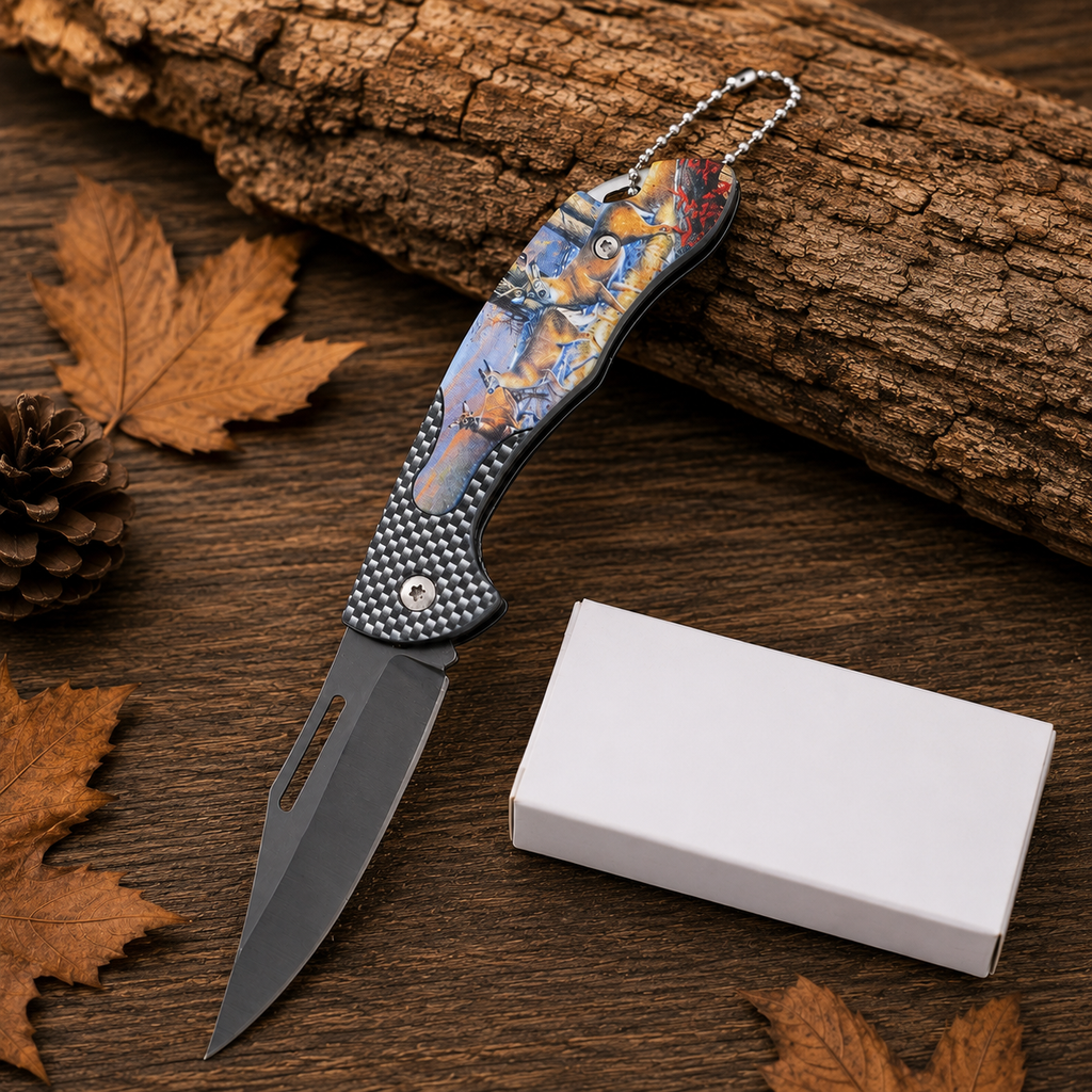 Deer Wildlife Graphic Folding Pocket Knife with Gray Blade & Keychain – Outdoor Hunter Collector Gift