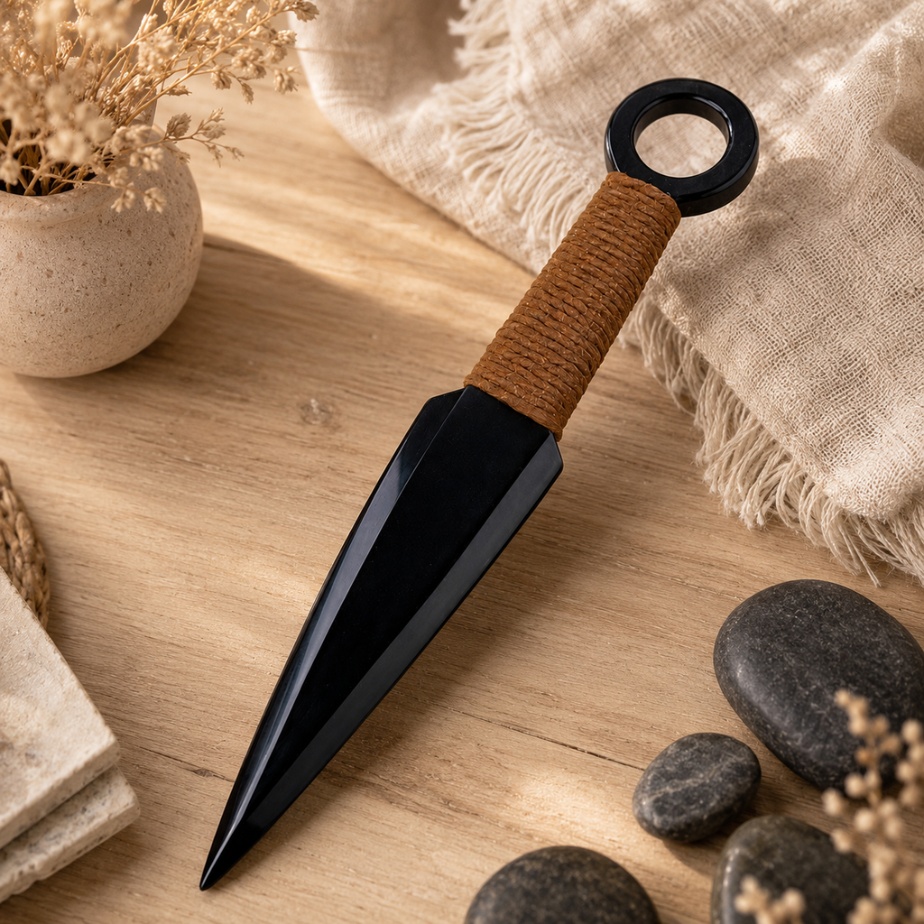 Natural Black Obsidian Kunai Carving, Cord-Wrapped Crystal Display Ornament, Ninja-Inspired Gothic Altar Decor and Collector Gift