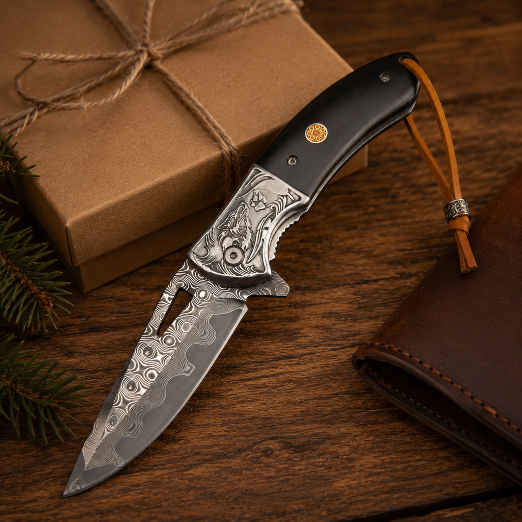 Wolf Engraved Damascus-Pattern Folding Knife with Black Handle & Leather Lanyard – Outdoor Collector Gift