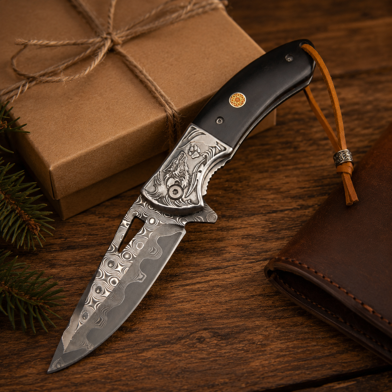 Wolf Engraved Damascus-Pattern Folding Knife with Black Handle & Leather Lanyard – Outdoor Collector Gift