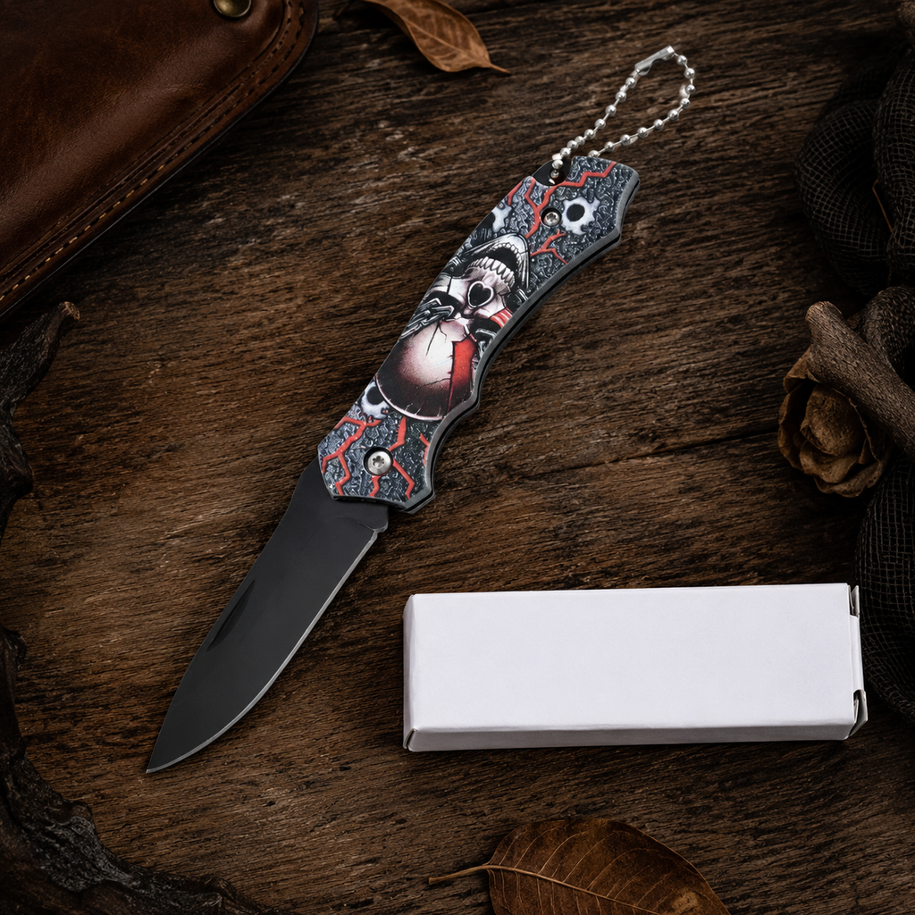 Gothic Skull Graphic Folding Pocket Knife with Black Blade & Keychain – EDC Collector Gift