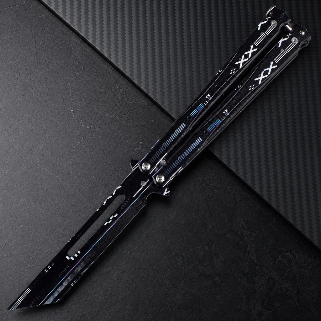 Black Cyber Balisong Butterfly Knife, Futuristic Folding Knife Collectible, XXX Graphic Metal Design, Modern Display Gift