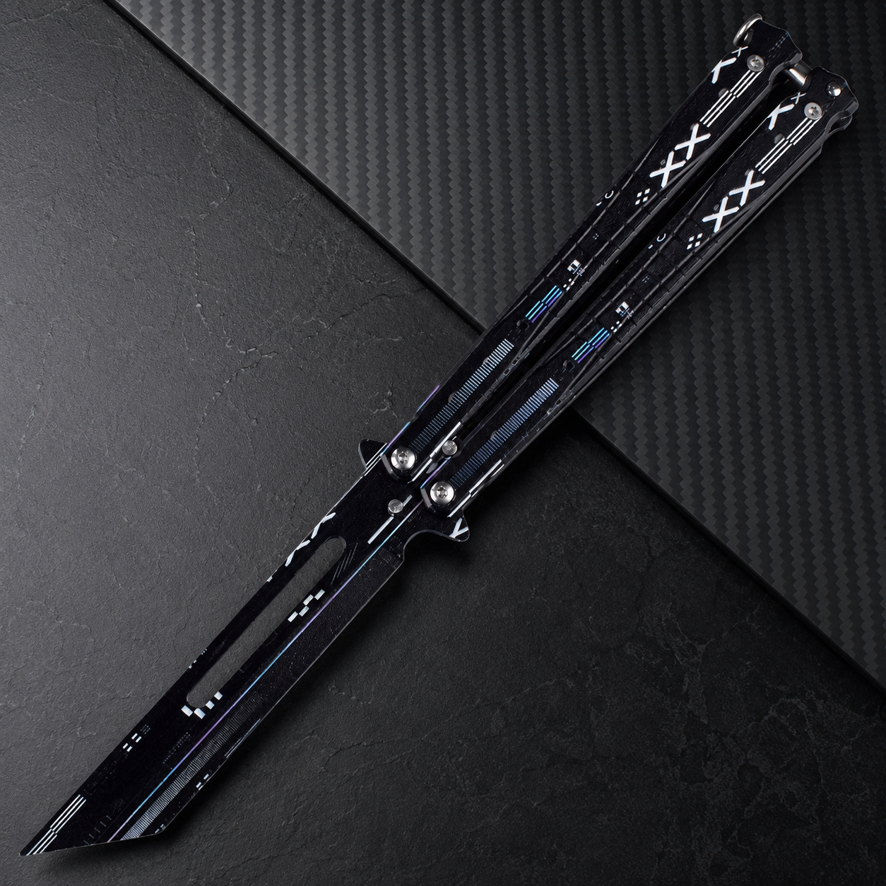Black Cyber Balisong Butterfly Knife, Futuristic Folding Knife Collectible, XXX Graphic Metal Design, Modern Display Gift
