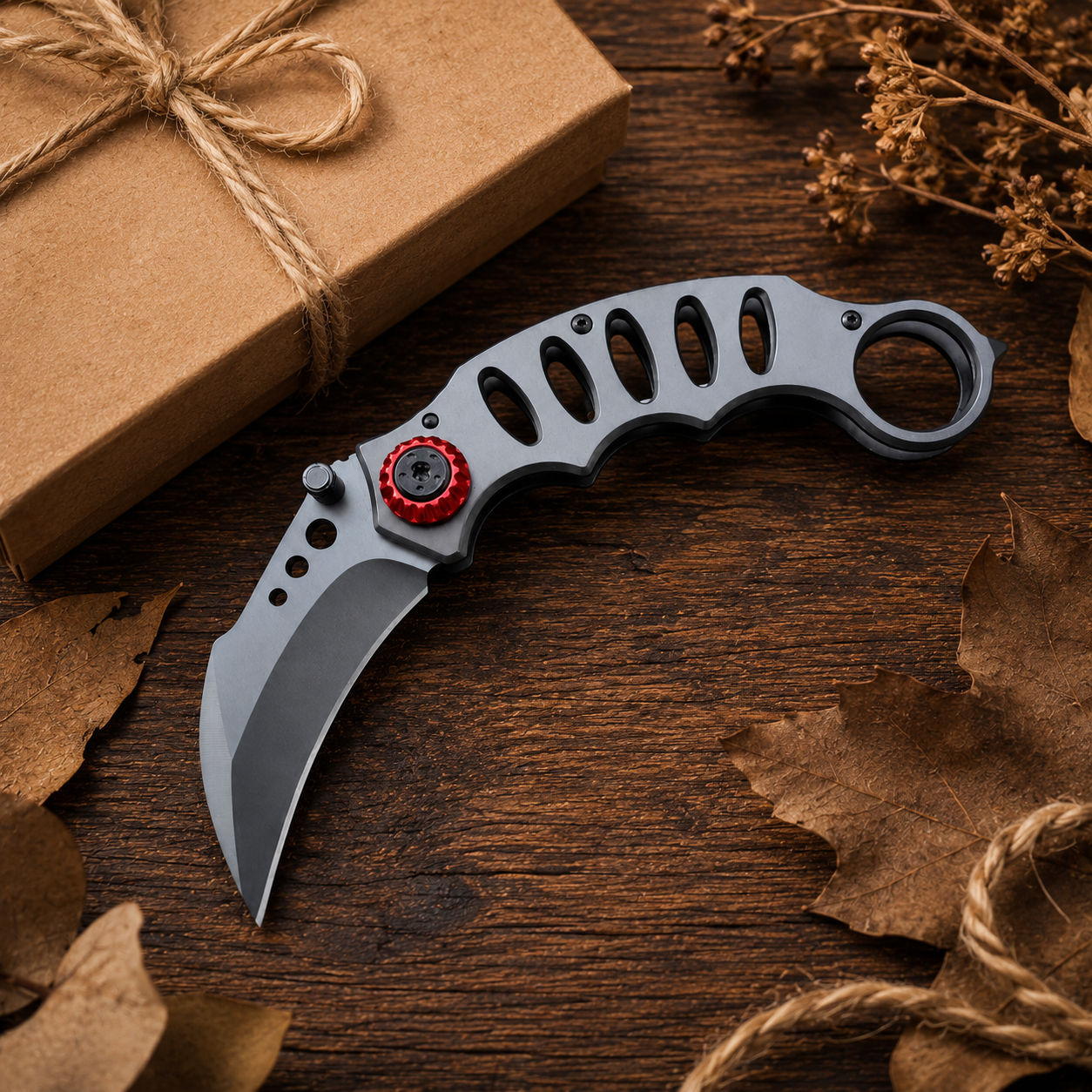 Gray Skeletonized Karambit-Style Folding Pocket Knife with Red Pivot Accent, Curved Blade and Finger Ring – Collector Gift