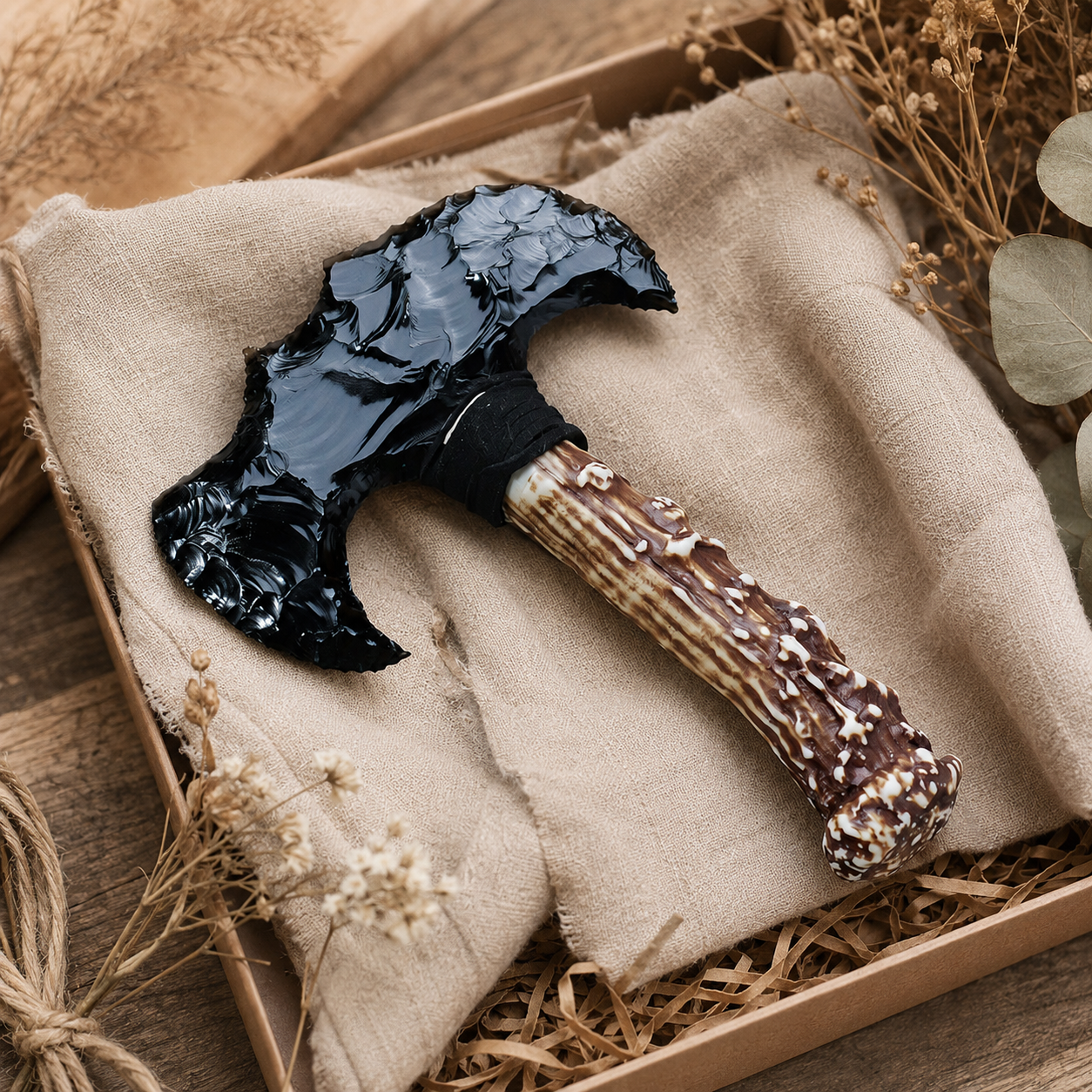 Black Obsidian Double Crescent Axe, Antler-Style Handle Crystal Display Ornament, Rustic Gothic Altar Decor and Collector Gift