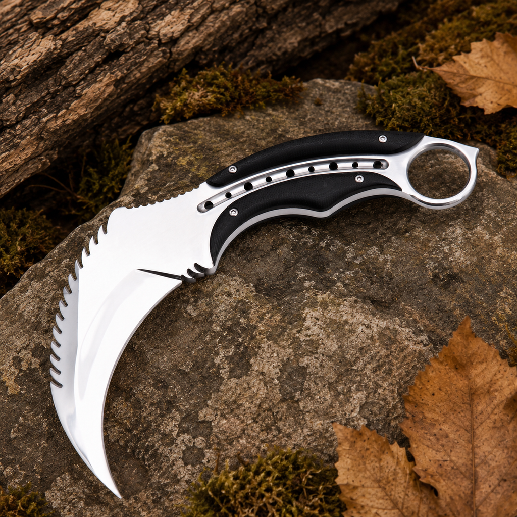 Silver Karambit-Style Fixed Blade Knife with Black Textured Handle & Finger Ring – Collector Display Gift