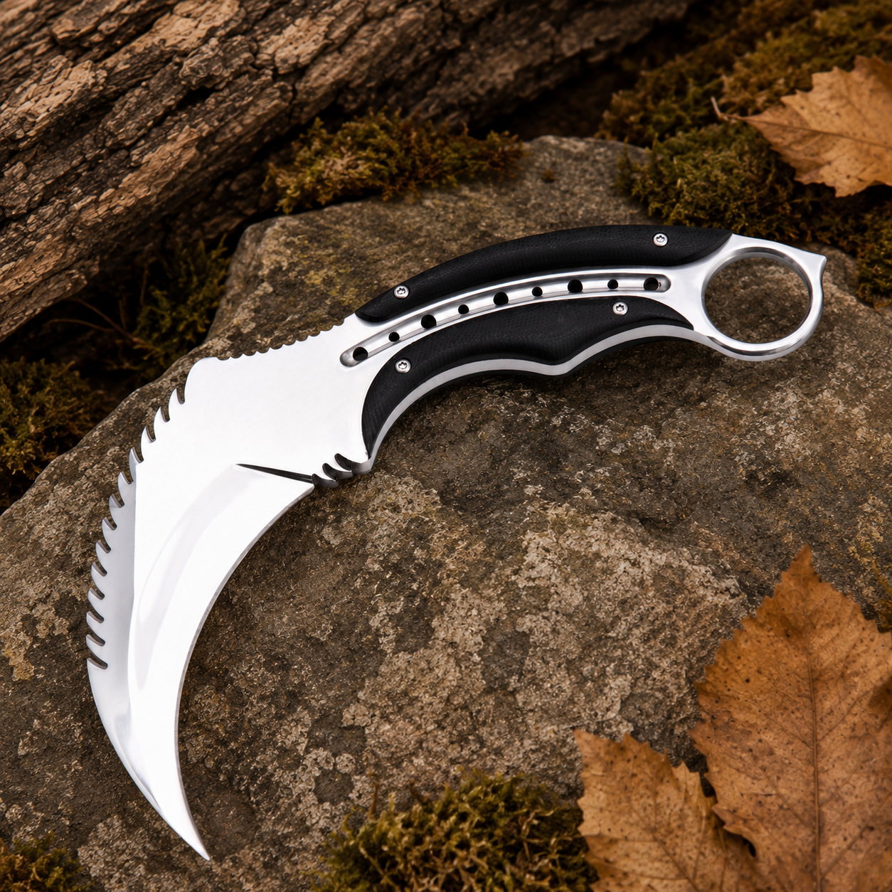 Silver Karambit-Style Fixed Blade Knife with Black Textured Handle & Finger Ring – Collector Display Gift