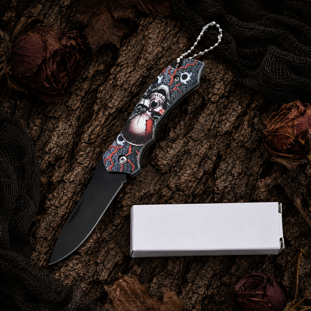 Gothic Skull Graphic Folding Pocket Knife with Black Blade & Keychain – EDC Collector Gift