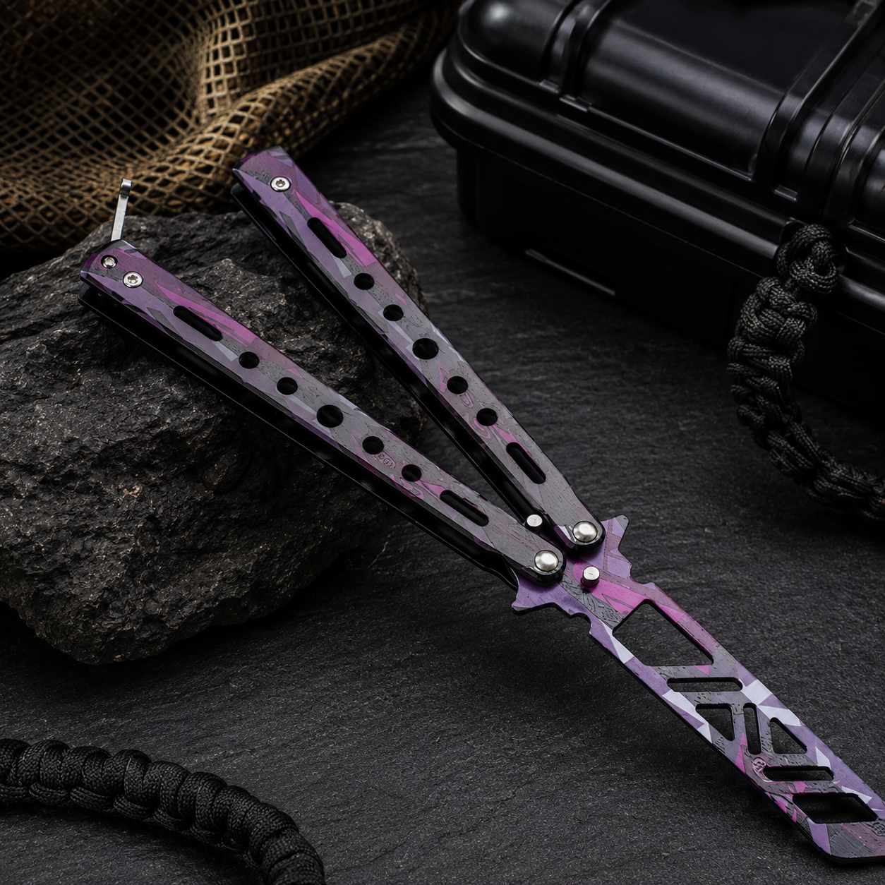 Purple Camo Balisong Trainer, Butterfly Practice Tool with Skeletonized Design, Metal Flipping Trainer and Collectible Display Piece