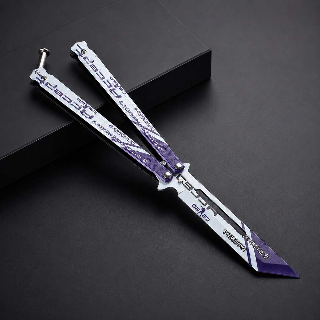 White Purple Cyber Balisong Style Collectible, Futuristic Butterfly Design, Metal Display Piece with Tech Graphic Pattern