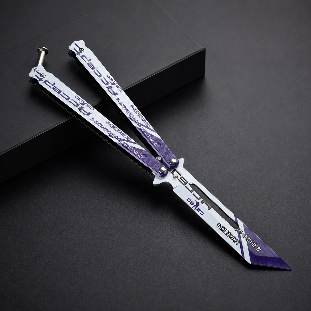 White Purple Cyber Balisong Style Collectible, Futuristic Butterfly Design, Metal Display Piece with Tech Graphic Pattern