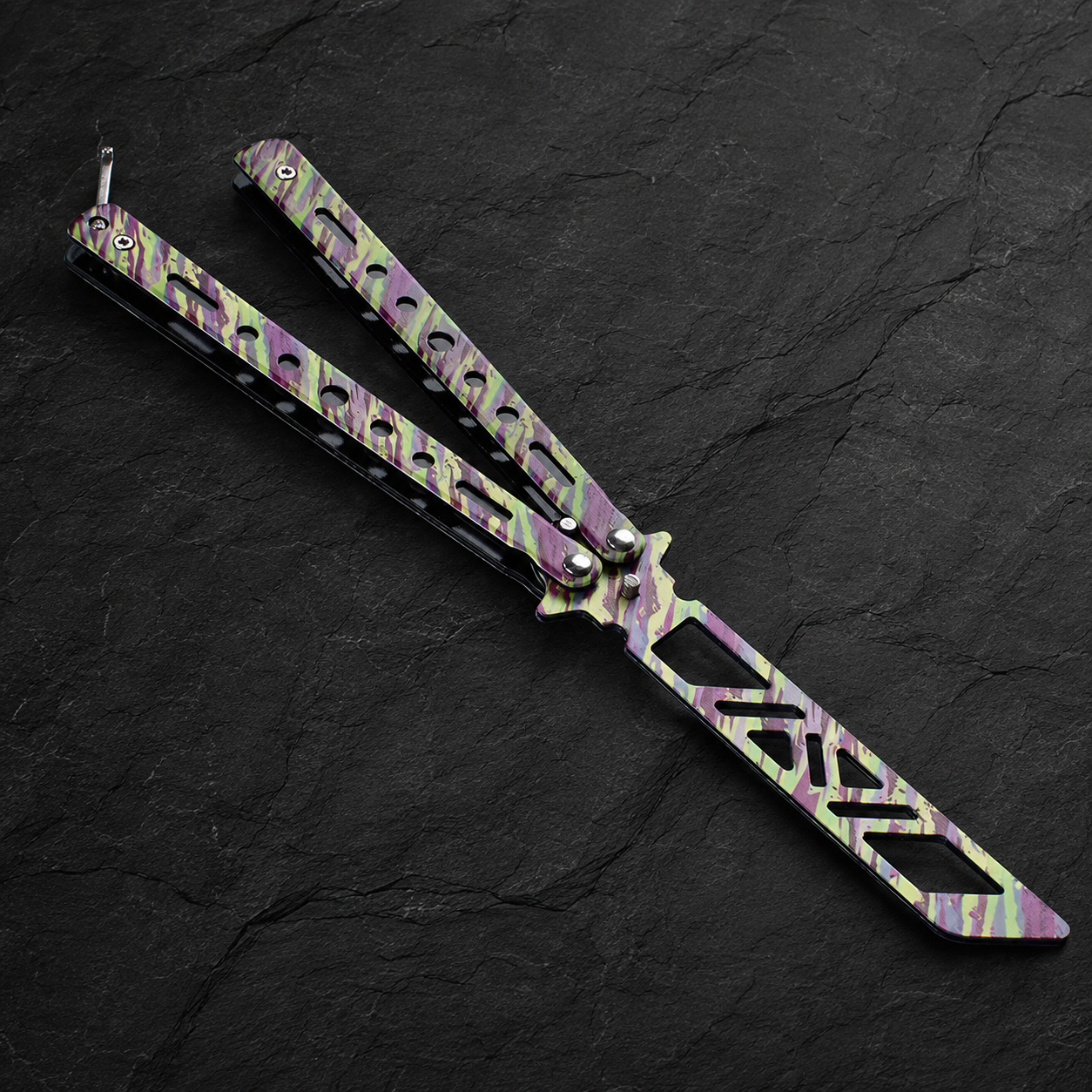 Pastel Camo Balisong Style Collectible, Butterfly Folding Design, Colorful Metal Display Piece with Cutout Blade Look