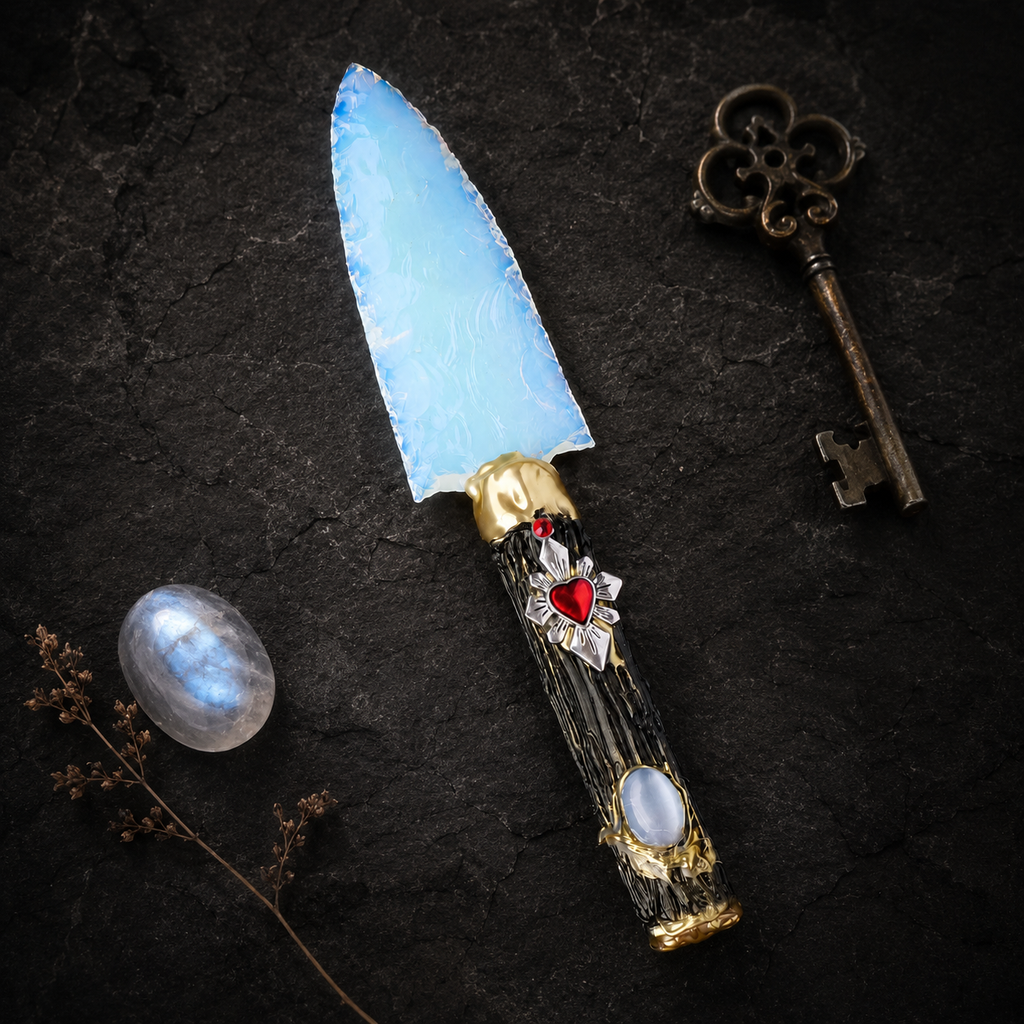White Opalite Fantasy Dagger with Sacred Heart Handle, Iridescent Crystal Display Ornament, Gothic Altar Decor and Collector Gift