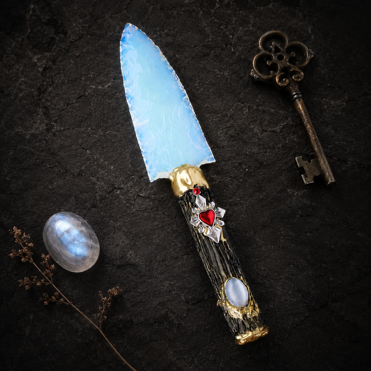 White Opalite Fantasy Dagger with Sacred Heart Handle, Iridescent Crystal Display Ornament, Gothic Altar Decor and Collector Gift