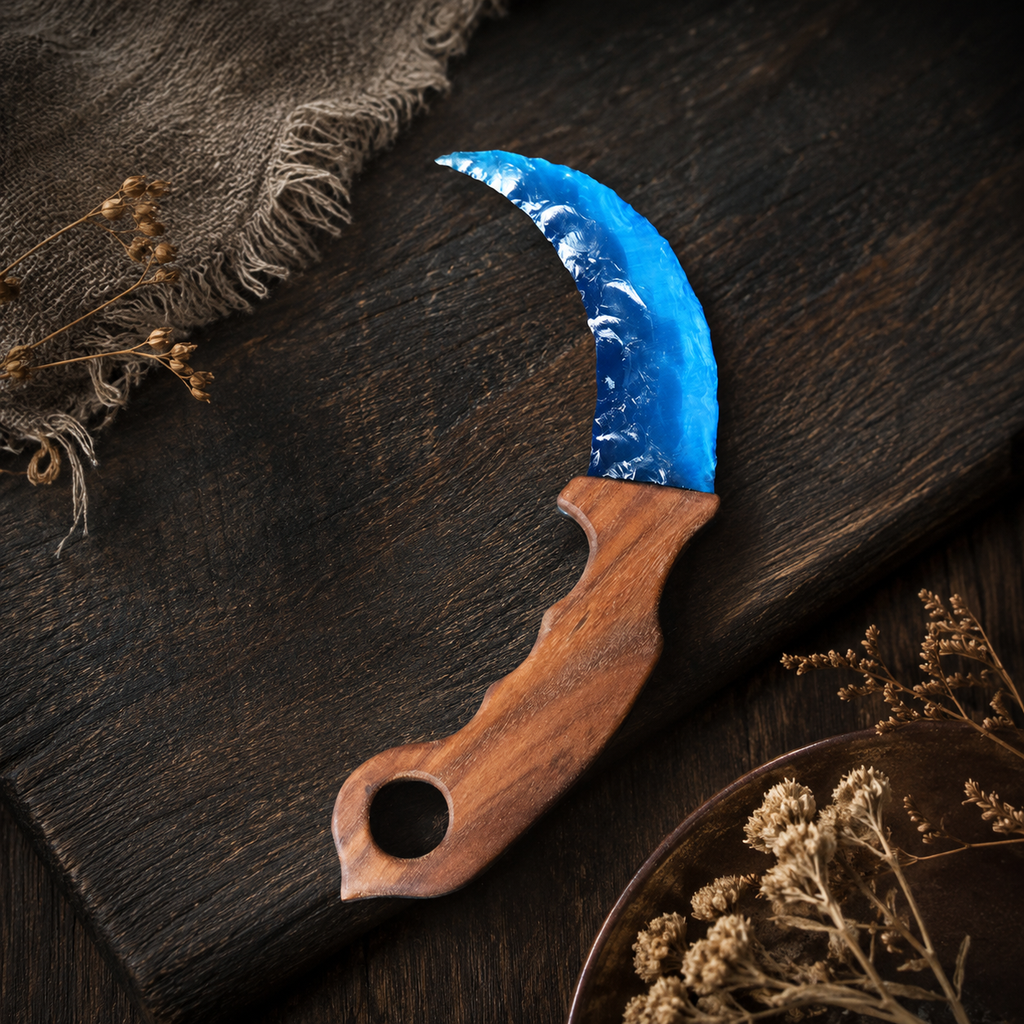 Blue Crescent Crystal Dagger with Wooden Handle, Moon-Shaped Fantasy Display Ornament, Gothic Altar Decor and Collector Gift