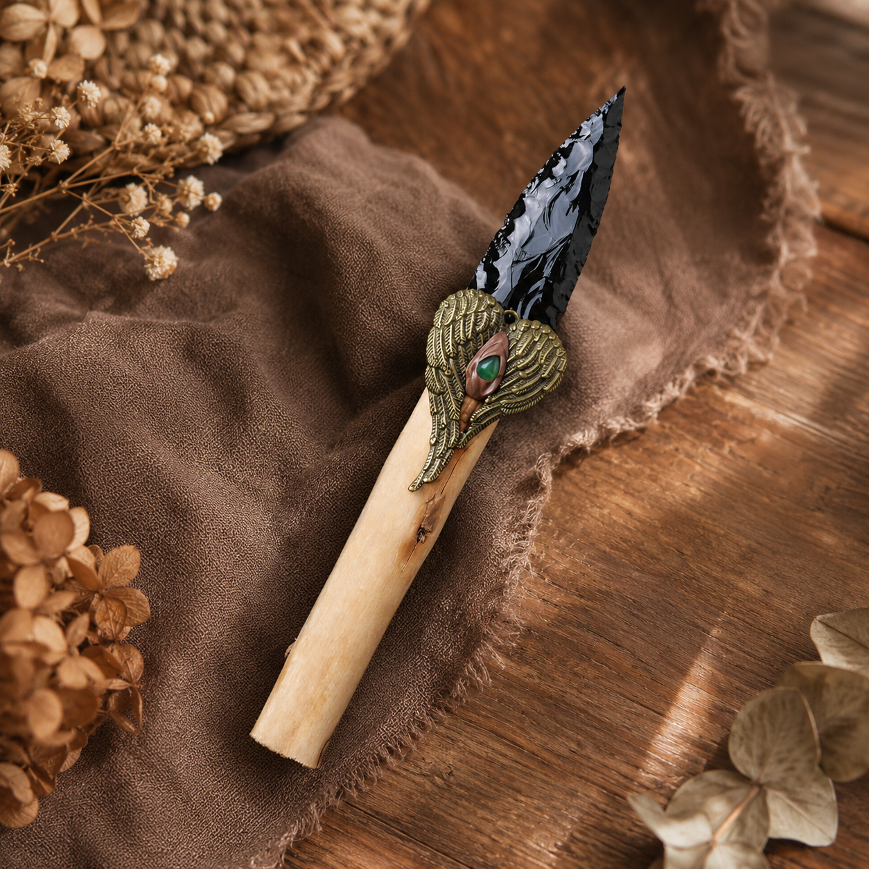 Large Black Obsidian Arrowhead Carving with Wooden Handle, Antique Alloy Wing Ornament, Rustic Crystal Display and Collector Gift