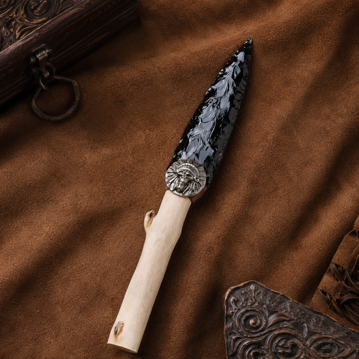 Large Black Obsidian Arrowhead Display with Wooden Handle, Antique Silver Alloy Medallion, Rustic Crystal Decor and Collector Gift