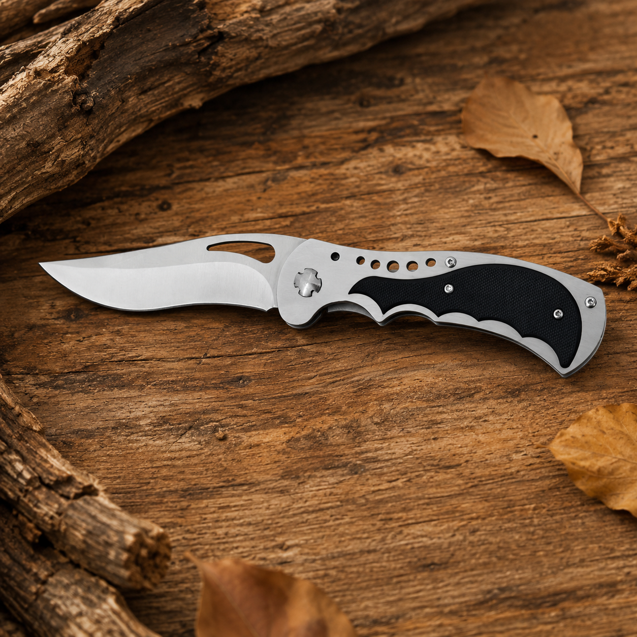 Silver Folding Pocket Knife with Black Textured Handle, Wide Curved Blade and Ergonomic Finger Grooves – Outdoor Collector Gift