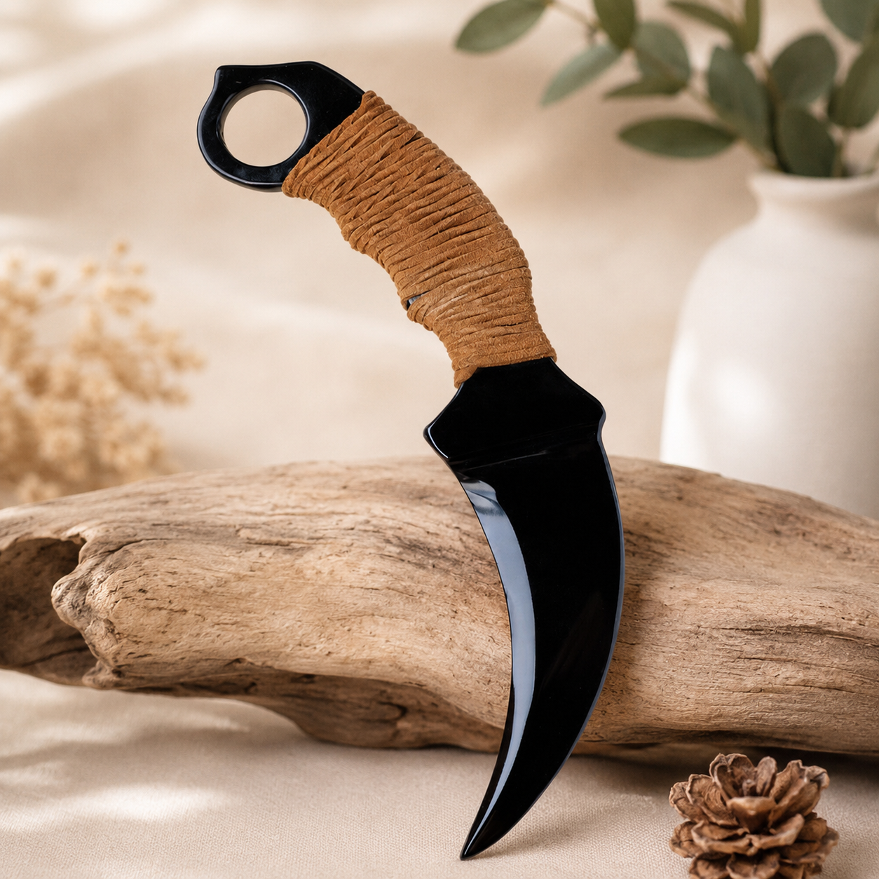 Natural Black Obsidian Eagle Claw Carving, Cord Wrapped Karambit-Inspired Crystal Ornament, Gothic Altar Decor and Collector Gift