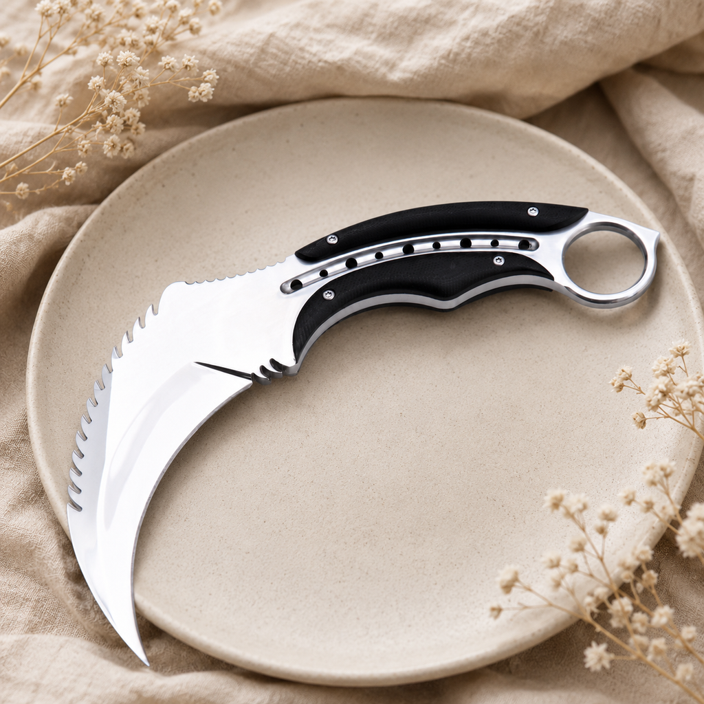 Silver Karambit-Style Fixed Blade Knife with Black Textured Handle & Finger Ring – Collector Display Gift