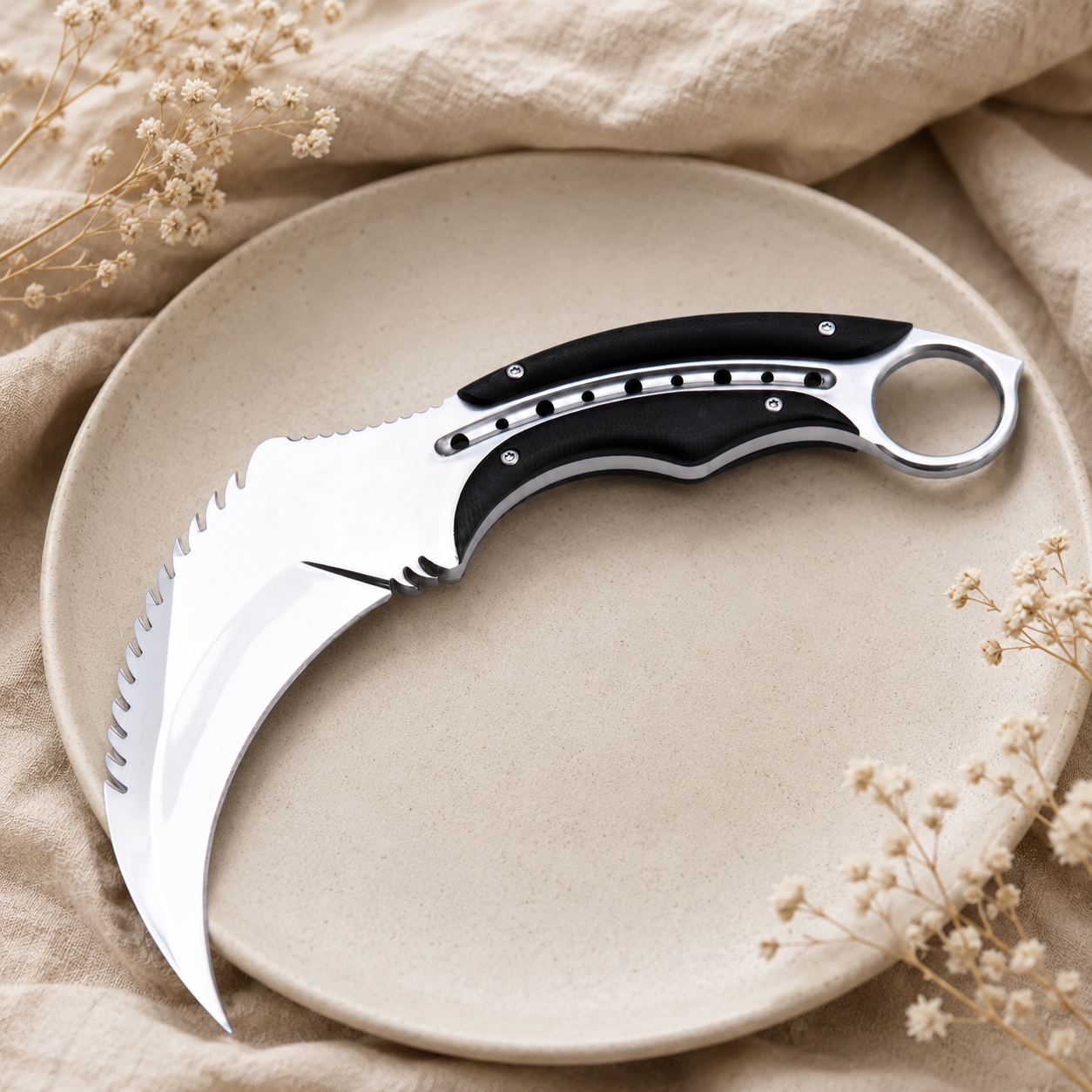 Silver Karambit-Style Fixed Blade Knife with Black Textured Handle & Finger Ring – Collector Display Gift