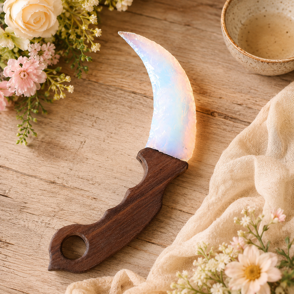 White Opalite Crescent Dagger with Wooden Handle, Moon-Shaped Fantasy Crystal Display, Celestial Altar Decor and Collector Gift