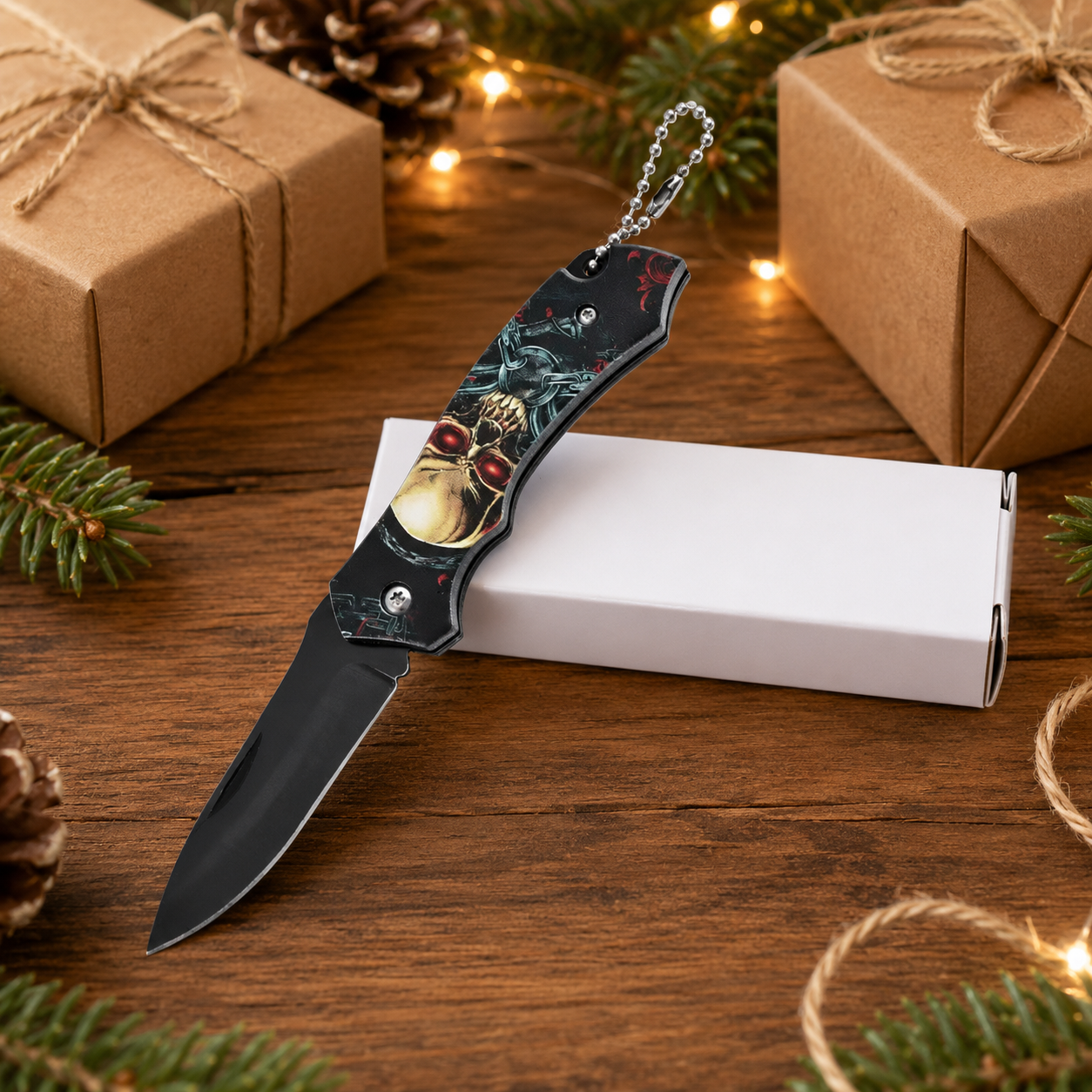 Steampunk Skull Graphic Folding Pocket Knife with Black Blade & Keychain – Gothic Collector Gift