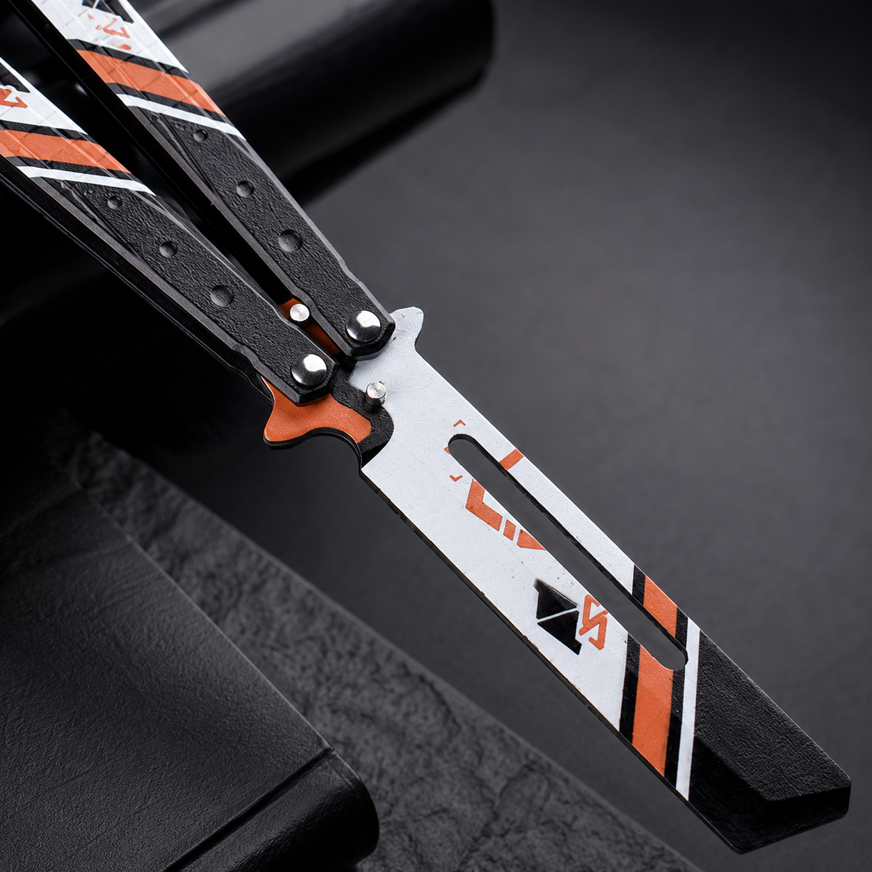 Modern Balisong Butterfly Knife, Black Orange Collectible Folding Design, Artistic EDC Style Display Piece, Unique Gift for Knife Enthusiasts
