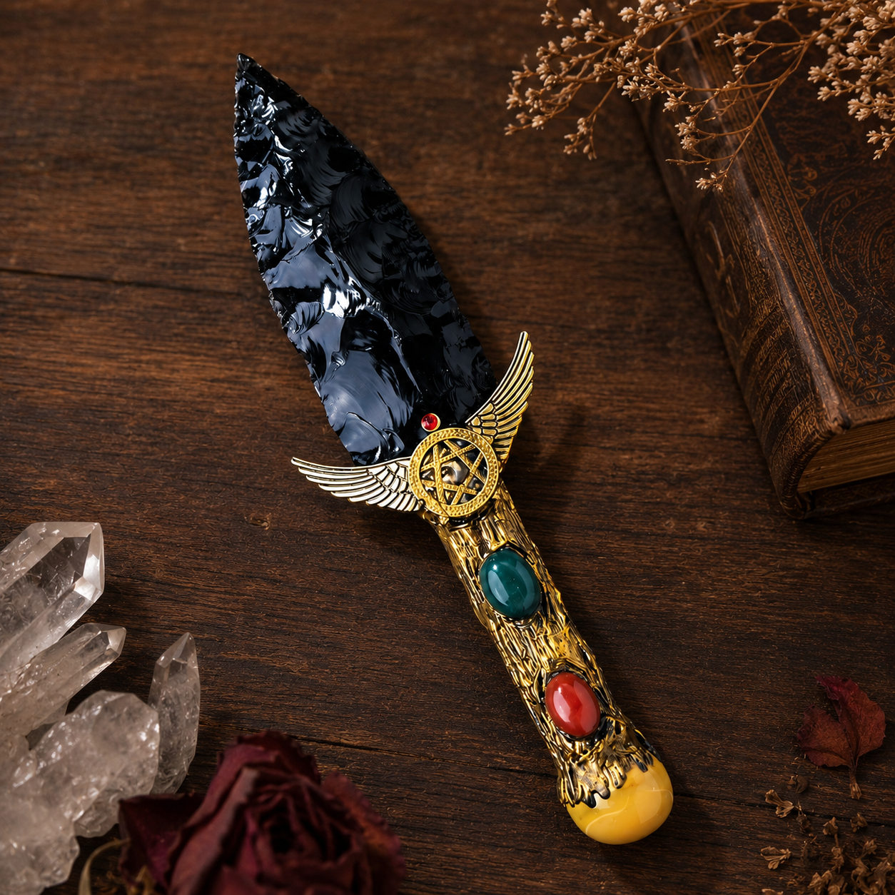 Black Obsidian Winged Pentagram Fantasy Dagger, Ornate Crystal Handle, Gothic Altar Decor and Mystical Collector Display Gift