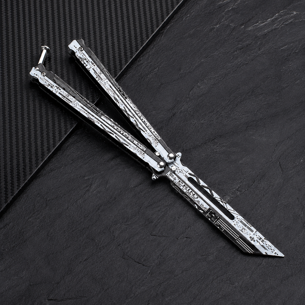 Silver Cyber Balisong Style Collectible, Futuristic Metal Butterfly Design, Modern Display Piece with Tech Graphic Pattern