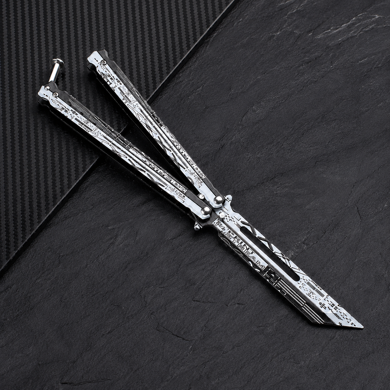 Silver Cyber Balisong Style Collectible, Futuristic Metal Butterfly Design, Modern Display Piece with Tech Graphic Pattern