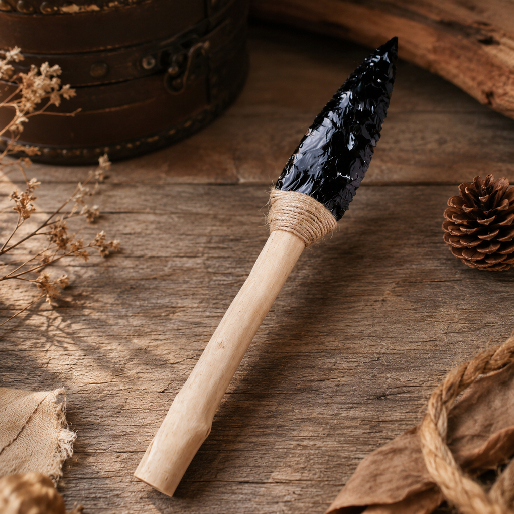 Large Black Obsidian Arrowhead Carving with Twine-Wrapped Wooden Handle, Rustic Crystal Display Ornament and Unique Collector Gift