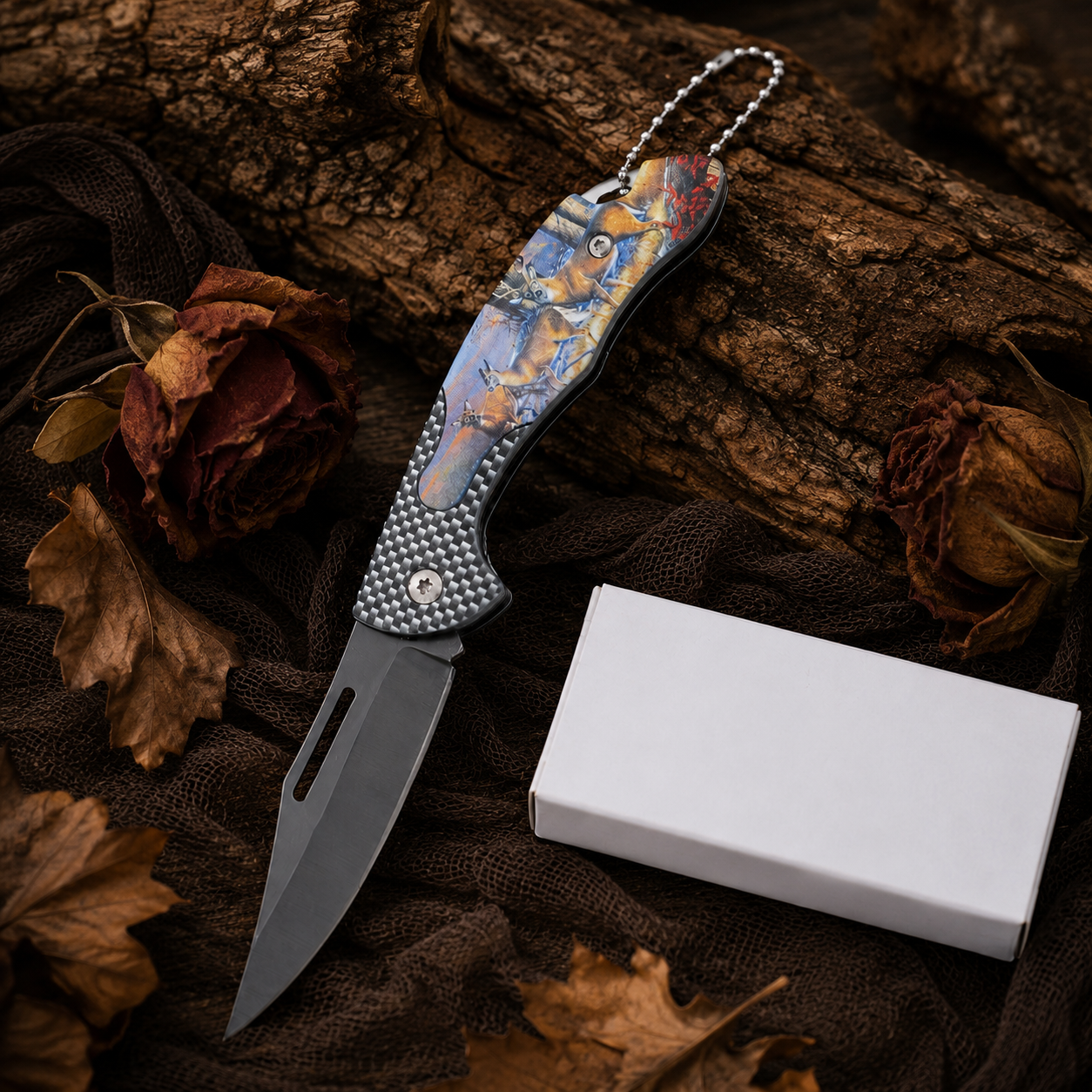 Deer Wildlife Graphic Folding Pocket Knife with Gray Blade & Keychain – Outdoor Hunter Collector Gift