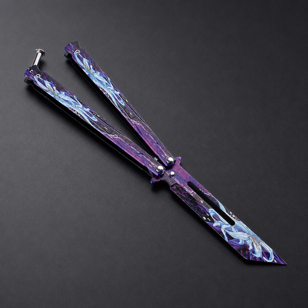 Purple Butterfly Knife Inspired Folding Collectible, Artistic Metal Design, Unique Pocket Display Piece, Modern EDC Style Gift