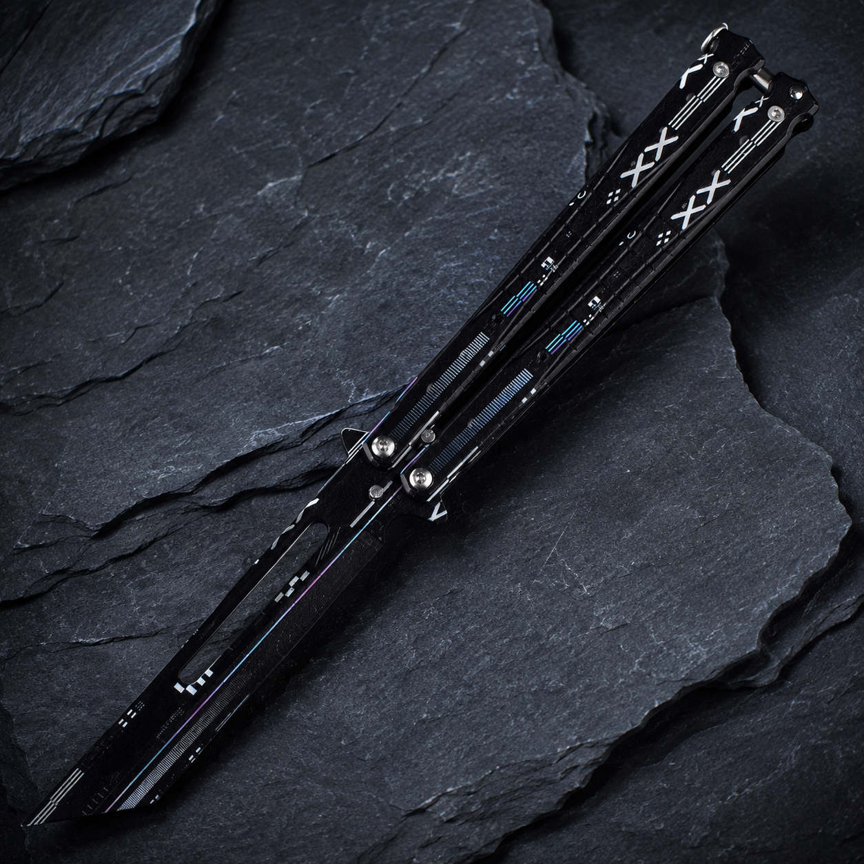 Black Cyber Balisong Butterfly Knife, Futuristic Folding Knife Collectible, XXX Graphic Metal Design, Modern Display Gift