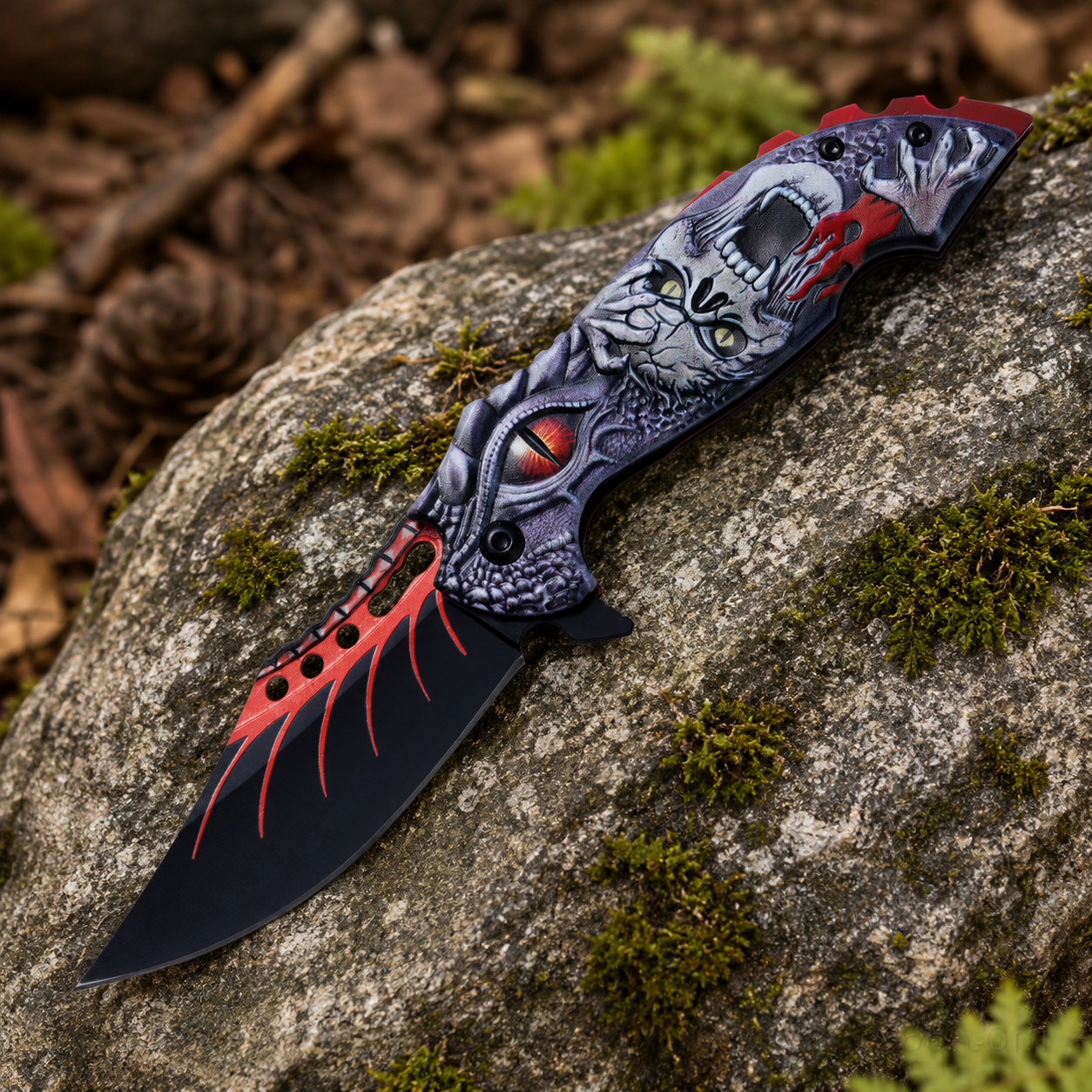 Gothic Monster Graphic Folding Pocket Knife with Black and Red Blade – Dark Fantasy Collector Gift