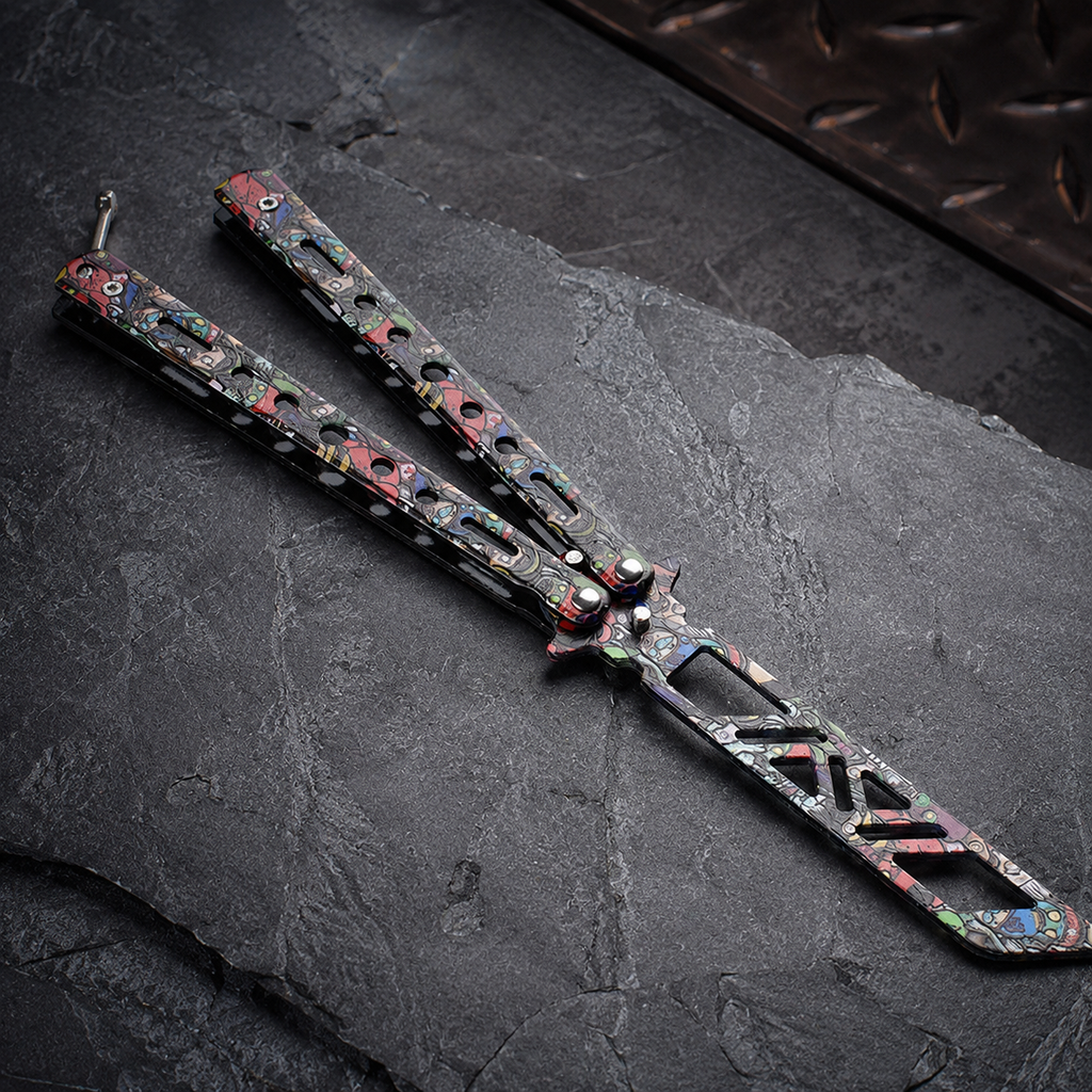 Colorful Graffiti Balisong Style Collectible, Butterfly Folding Display Piece, Cutout Metal Design with Street Art Pattern