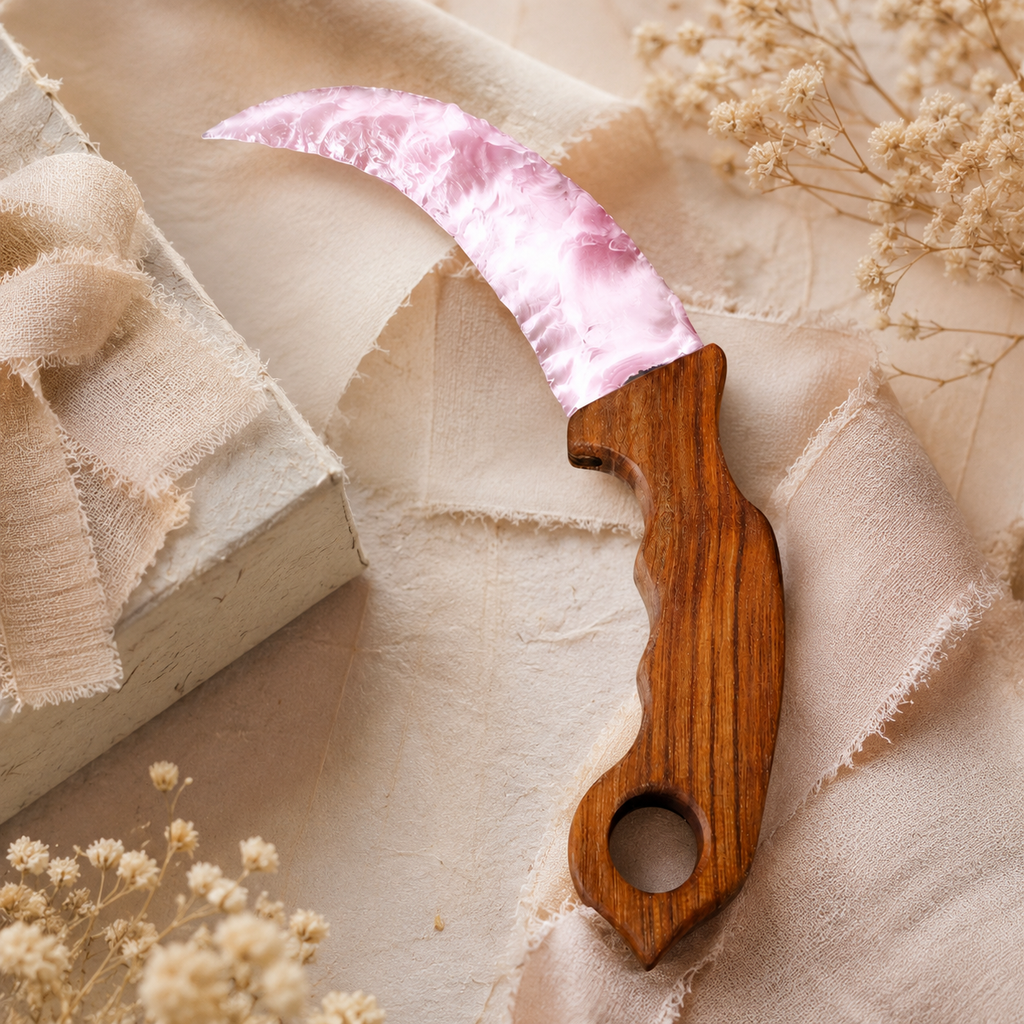 Pink Crescent Crystal Dagger with Wooden Handle, Moon-Shaped Fantasy Display Ornament, Mystical Altar Decor and Collector Gift