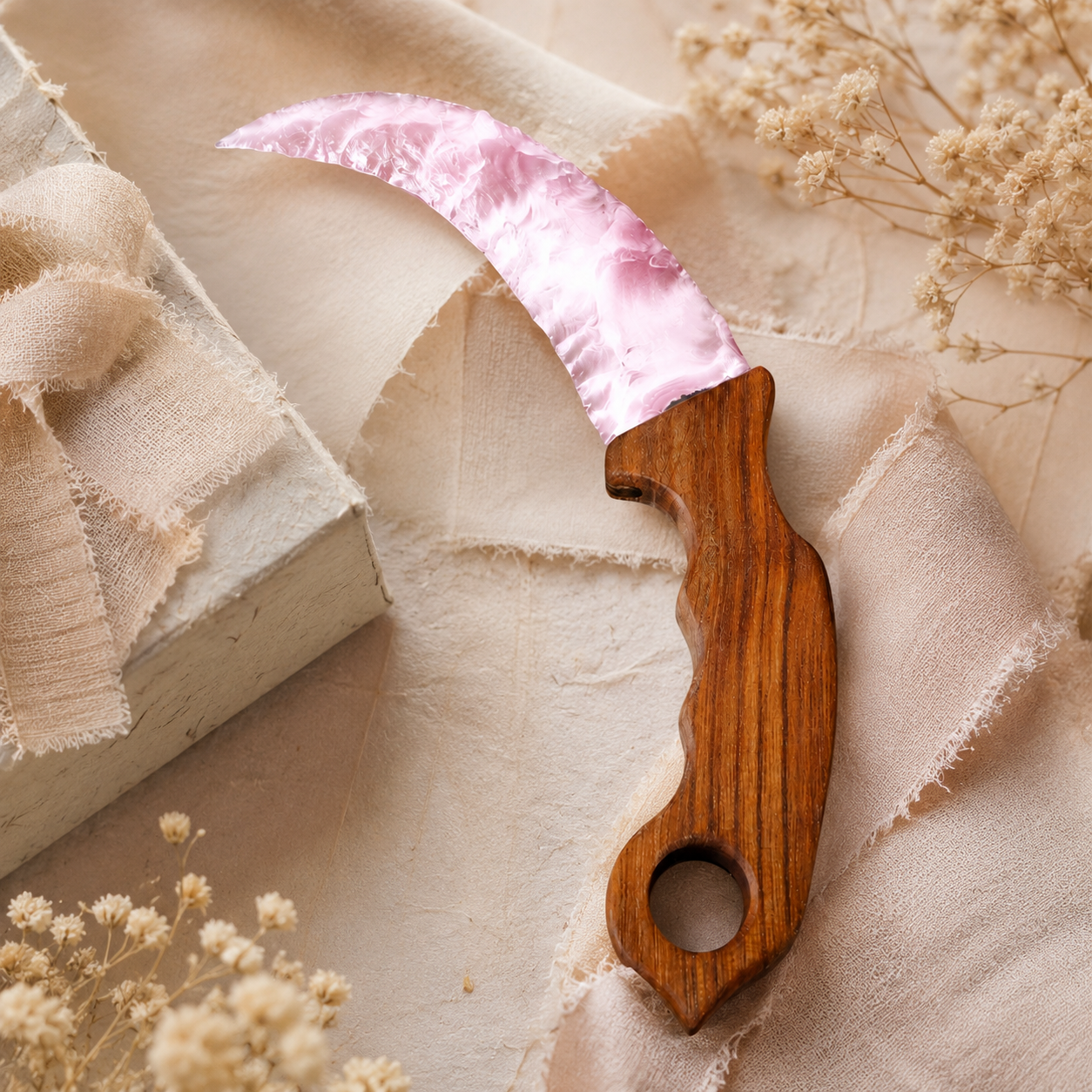 Pink Crescent Crystal Dagger with Wooden Handle, Moon-Shaped Fantasy Display Ornament, Mystical Altar Decor and Collector Gift