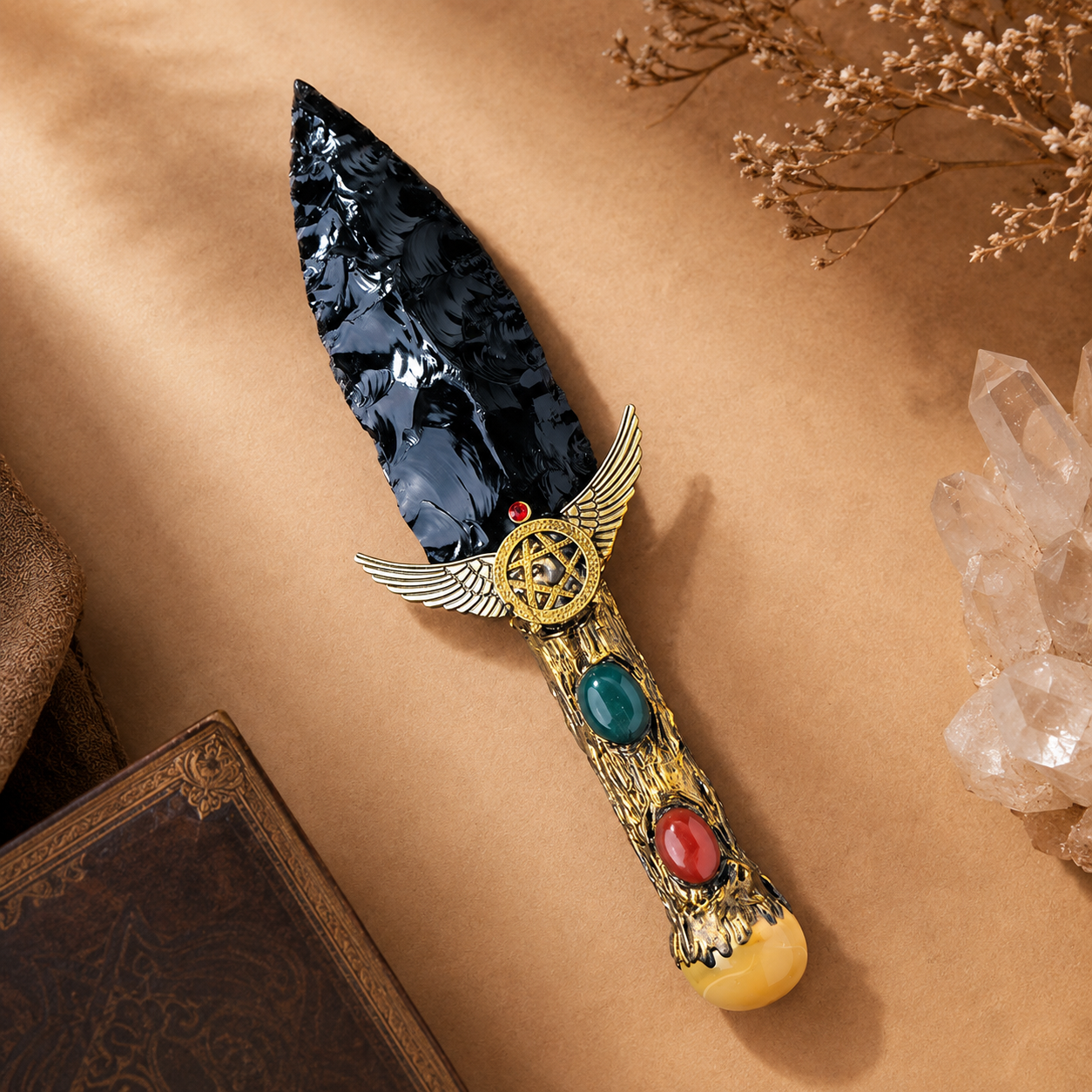 Black Obsidian Winged Pentagram Fantasy Dagger, Ornate Crystal Handle, Gothic Altar Decor and Mystical Collector Display Gift