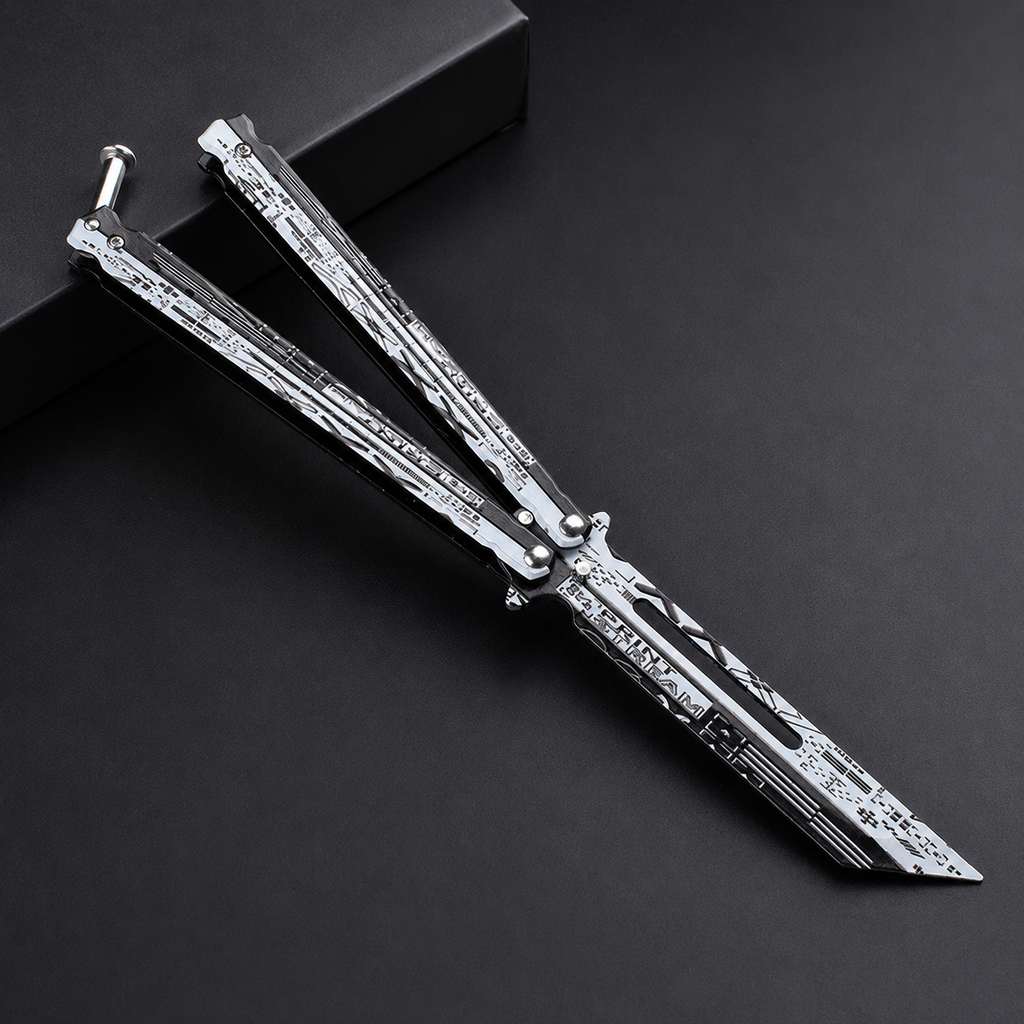 Silver Cyber Balisong Style Collectible, Futuristic Metal Butterfly Design, Modern Display Piece with Tech Graphic Pattern