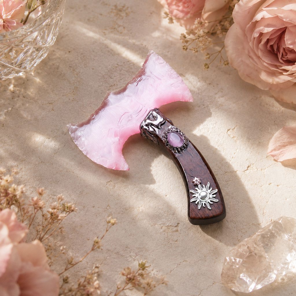Pink Cat Eye Stone Double Crescent Axe, Sun and Moon Wooden Handle, Fantasy Crystal Display Decor and Mystical Collector Gif