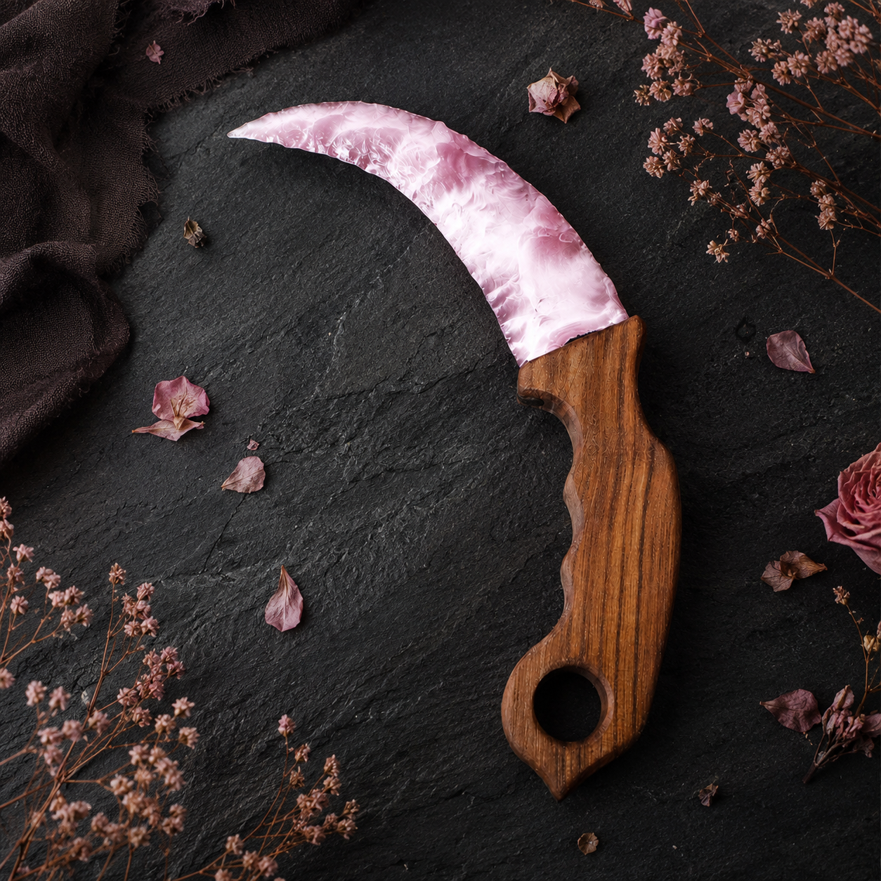 Pink Crescent Crystal Dagger with Wooden Handle, Moon-Shaped Fantasy Display Ornament, Mystical Altar Decor and Collector Gift