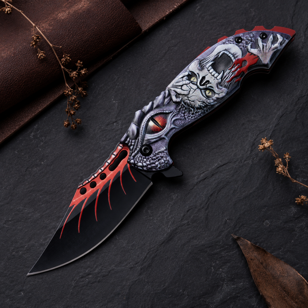 Gothic Monster Graphic Folding Pocket Knife with Black and Red Blade – Dark Fantasy Collector Gift