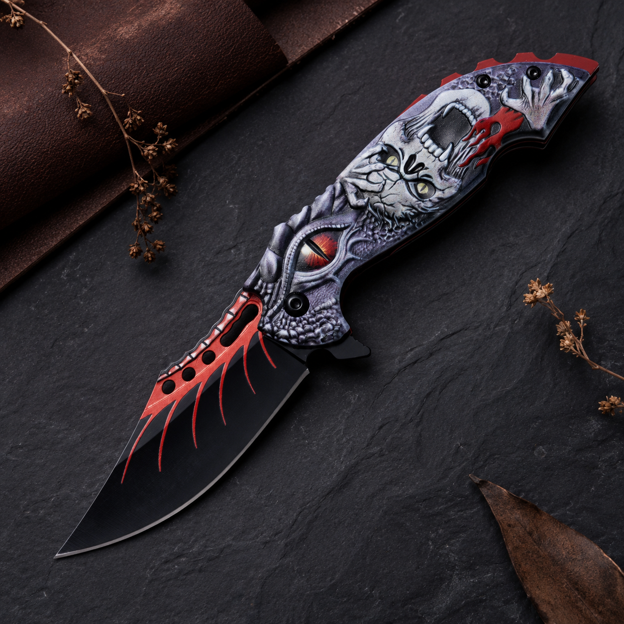 Gothic Monster Graphic Folding Pocket Knife with Black and Red Blade – Dark Fantasy Collector Gift